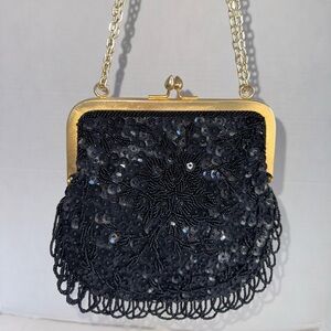 Vintage Elegant Black Sequin Evening Beaded Black Bag Gold Chain Hong Kong Made